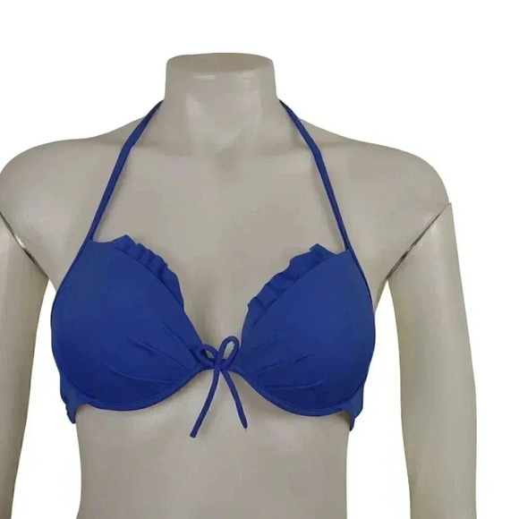 Victoria’s Secret Fabulous  Blue Padded Push Up Bikini Top Swim Ruffles Size 32B - Picture 4 of 13